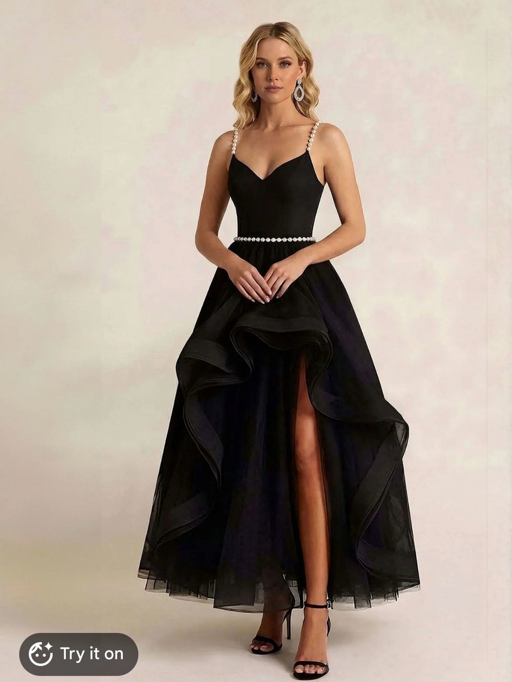 Allure Black Pearl-Trim Evening Gown